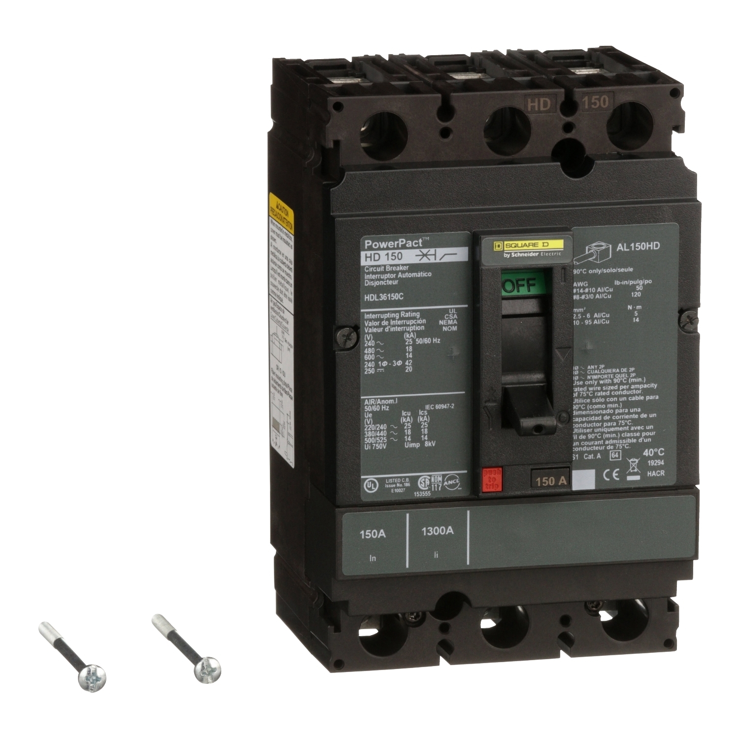 Circuit breaker, PowerPacT H, 150A, 3 pole, 600VAC, 14kA, lugs, thermal magnetic, 100%