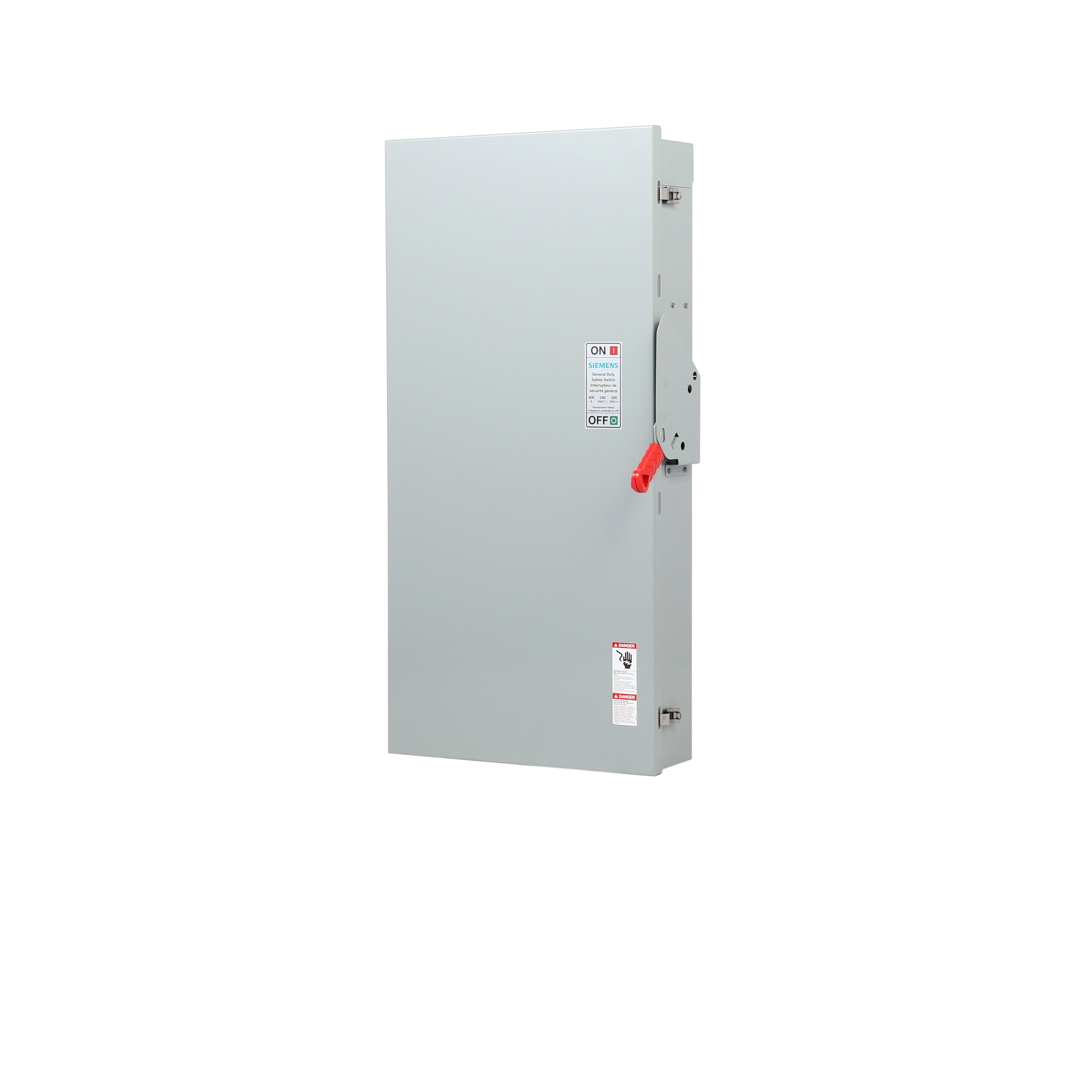  Low Voltage Circuit Protection General Duty Safety Switch. 2-Pole 2-Fuse and solid neutral Fused in a type 3R enclosure (outdoor). Rated 240VAC (400A).Horse power (Std, Time delay) fused 1-PH 2-W (15, - ), 3-PH 3-W (50, 125), 250VDC (50). Special features service entrance labeled suitable for 3-PH motor loads.
