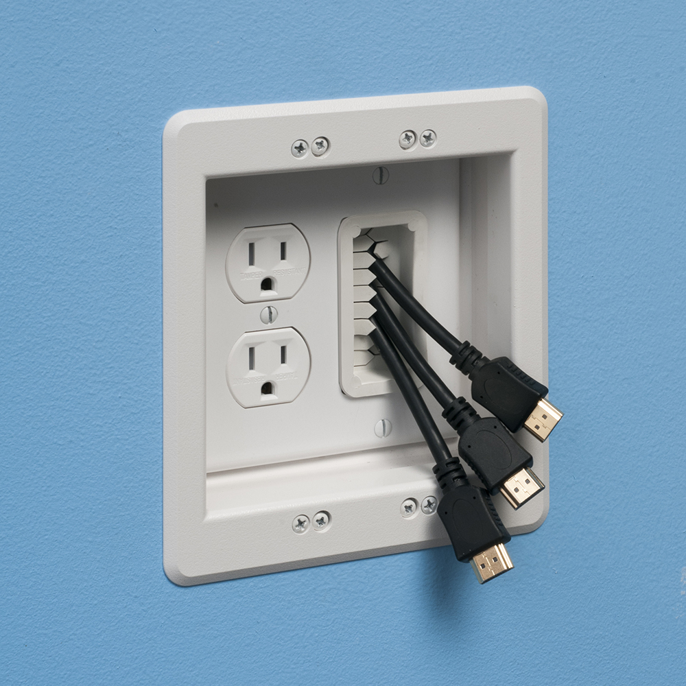 Plastic recessed TV BOX for power and low voltage. For new and old construction. Kit includes recessed combo box, (1) tamper resistant duplex receptacle, Arlington's SCOOP, Arlington's PASS THROUGH devices and cover plate.