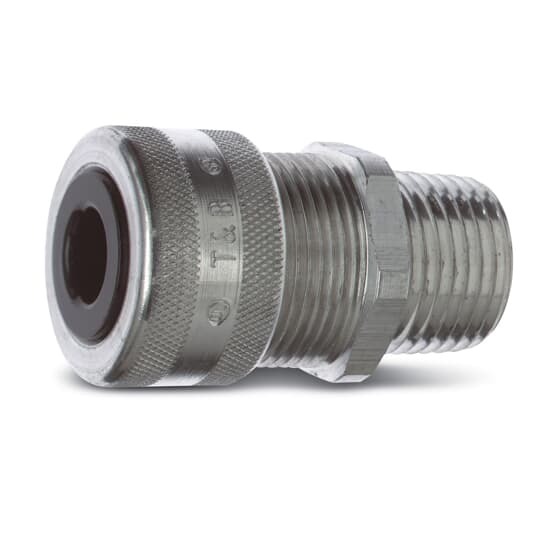 Liquidtight Strain Relief Connector, 1/2 Inch, Straight, Cord Range 0.125 to 0.375 Inch, Throat Diameter 9/16 Inch, Aluminum Body, Glandnut, and Grip, Rubber Bushing
