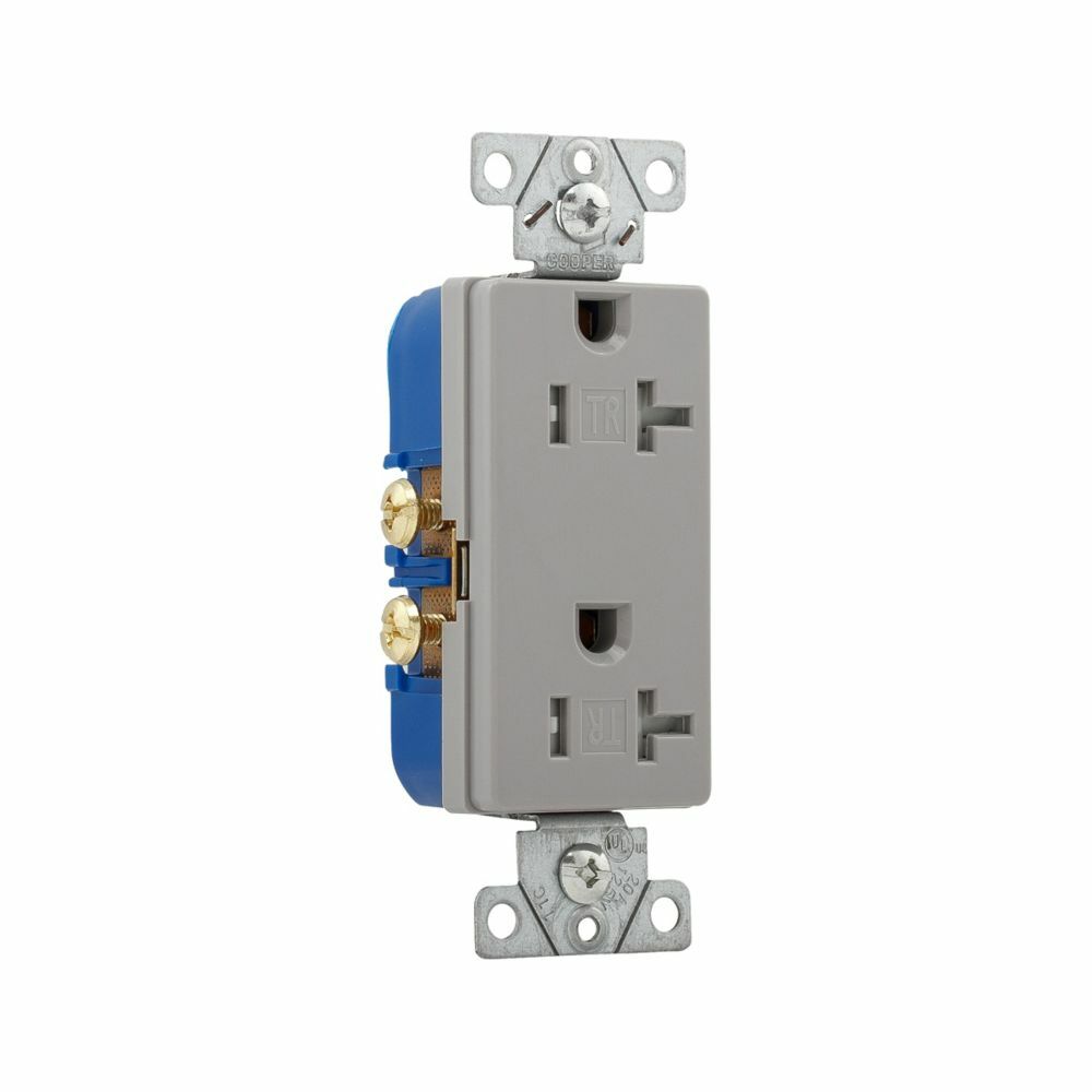 Eaton residential grade decorator duplex receptacle, #14-10 AWG, 20A, Commercial, Residential, Flush, 125V, Side wire, Gray, Brass, Impact-resistant thermoplastic face, PVC body, 5-20R, Duplex, Screw, Thermoplastic, ED Box