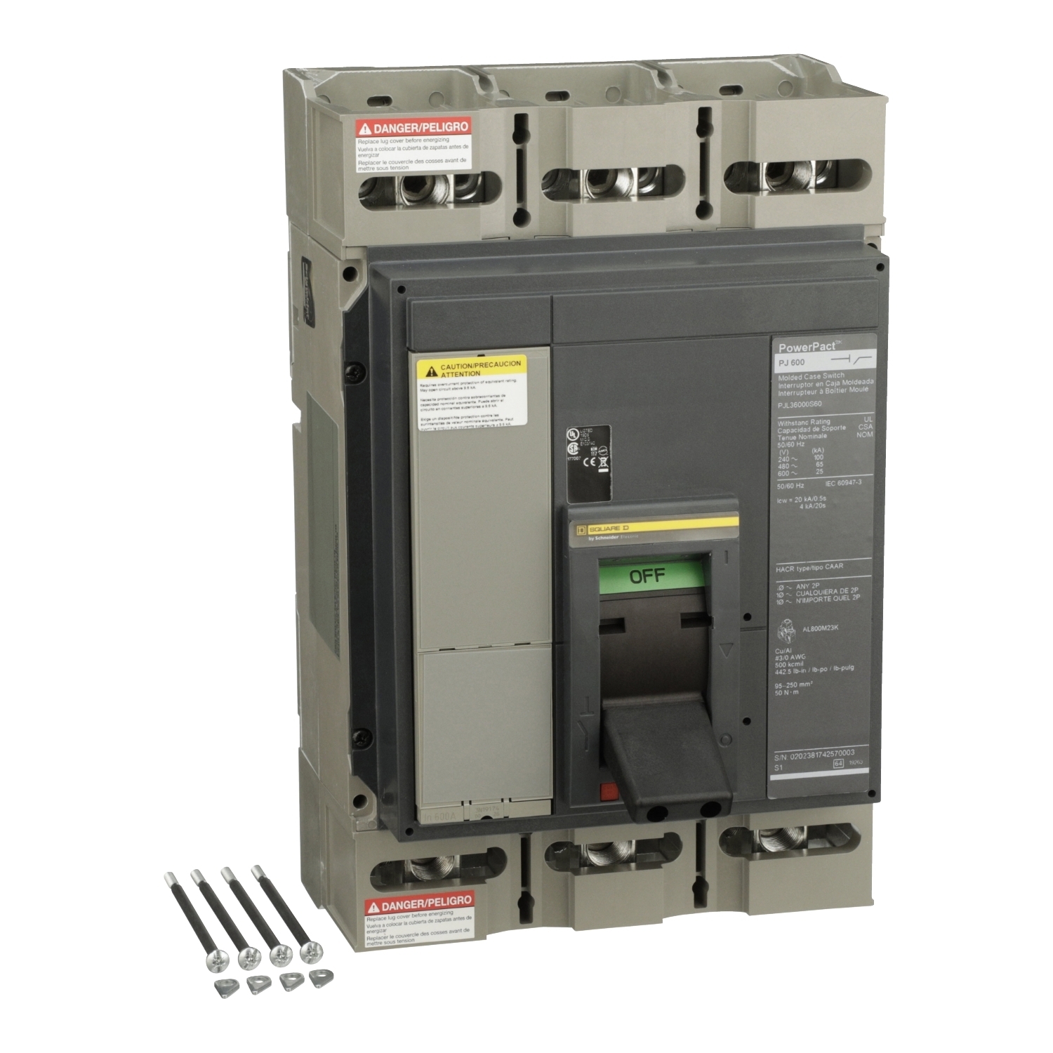 Automatic switch, PowerPacT P, 600A, 3 pole, 600VAC, 25kA, lugs, magnetic
