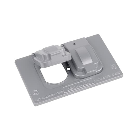 Single Gang Weatherproof Receptacle Cover, Silver, Zinc Alloy, 1 Duplex Receptacle Horizontal, Device Mount