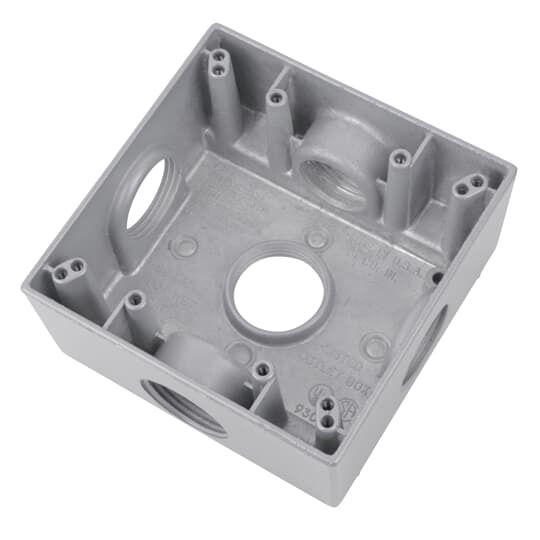 Two Gang Weatherproof Outlet Box, 30 Cubic Inches, Length 4-5/8 Inches, Width 4-9/16 Inches, Depth 2 Inches, 5 Outlets, Outlet Diameter 1 Inch, Die Cast Aluminum, with Mounting Lugs