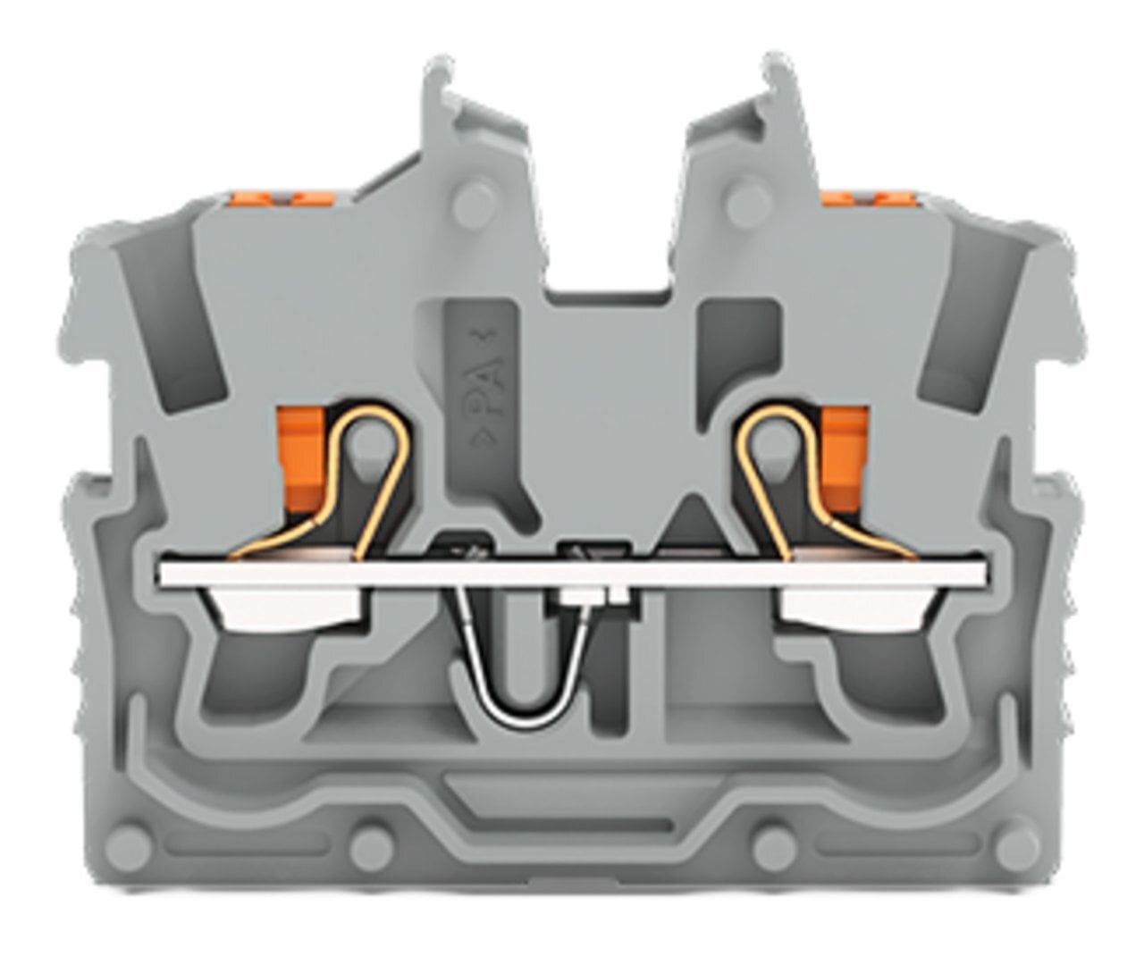 2-conductor miniature through terminal block; with push-button; 1 mm; Center terminal block without snap-in mounting foot, without mounting flange; side and center marking; with test port; Push-in CAGE CLAMP; 1,00 mm; gray