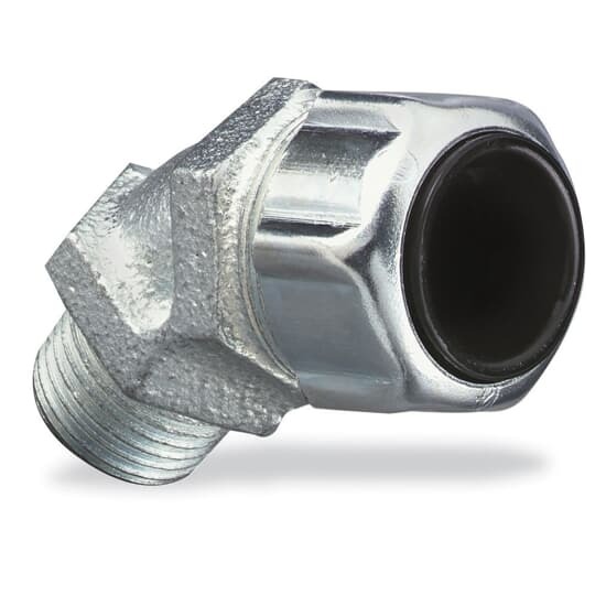 Liquidtight Strain Relief Connector, 1/2 Inch, 45 Degree Bend, Cord Range 0.125 to 0.375 Inch, Throat Diameter 37/64 Inch, Malleable Iron Body, Steel Gland, Plastic Grip, Santropene Bushing