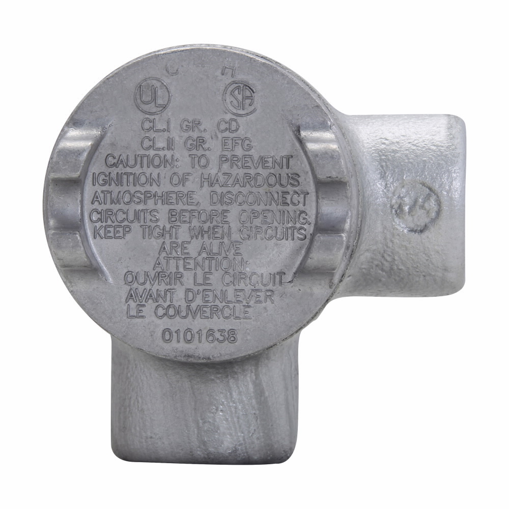 Eaton Crouse-Hinds series Condulet GUA conduit outlet box with cover, 2" cover opening diameter, Feraloy iron alloy, M shape, 3/4"