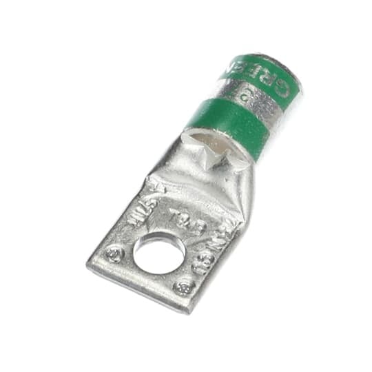 Copper One-Hole Lug, Standard Barrel, Peep Hole, Max 35kV, Wire Size #1 AWG, 1/4 Inch Bolt Size, Tin Plated, Die Code 37, Die Color Code Green