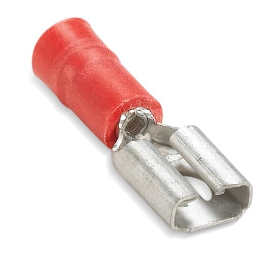 Vinyl-Insulated Female Disconnect, Length .96 Inches, Width .29 Inches, Maximum Insulation .150, Tab Size .250x.032, Wire Range #22-#18 AWG, Color Red, Copper, Tin Plated, On Mylar Tape, 1,000 Pack