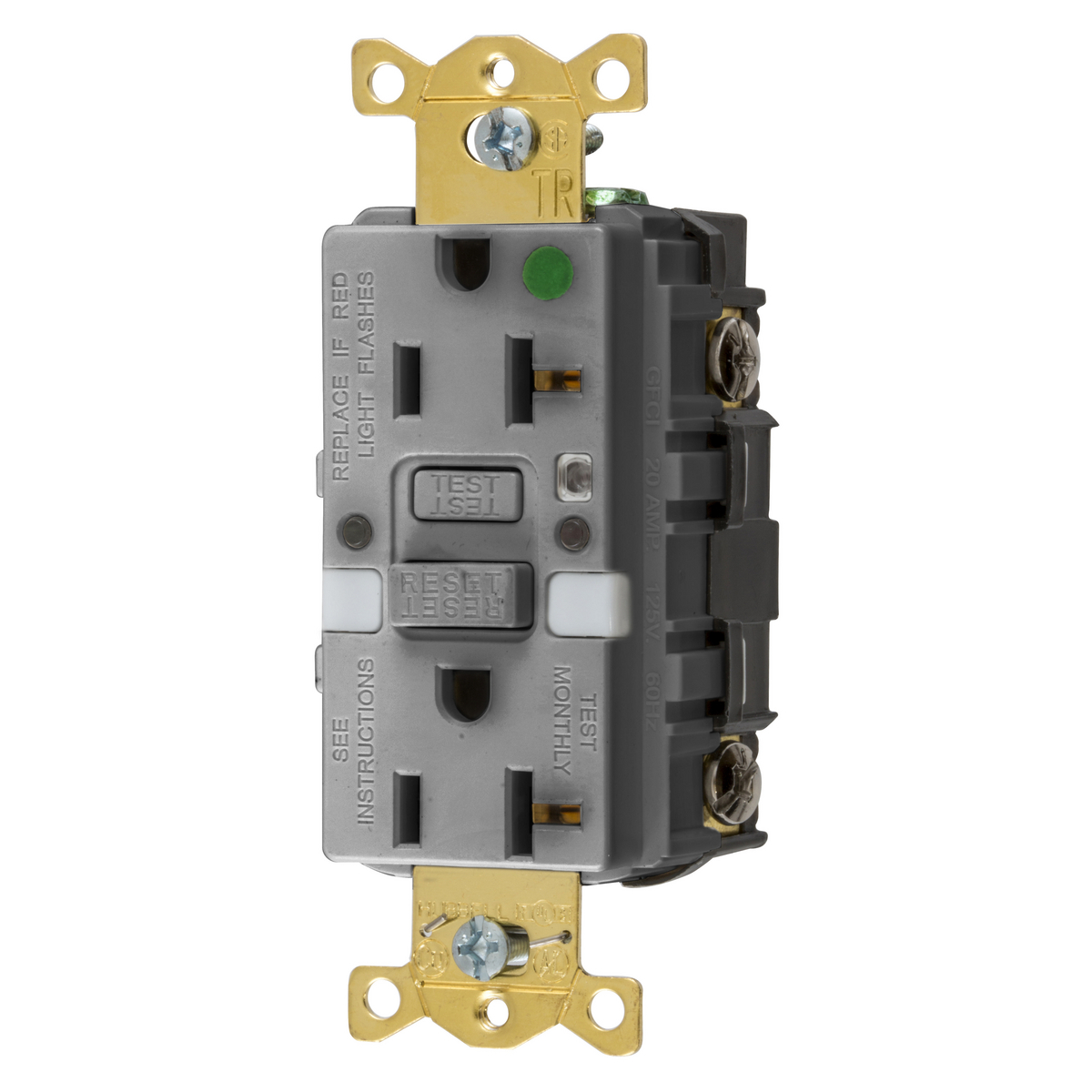 Straight Blade GFCI Receptacle, Tamper Resistant, Commercial Hospital Grade, Self Test, 20A 125V, 2-Pole 3-Wire Grounding, 5-20R, with Nightlight