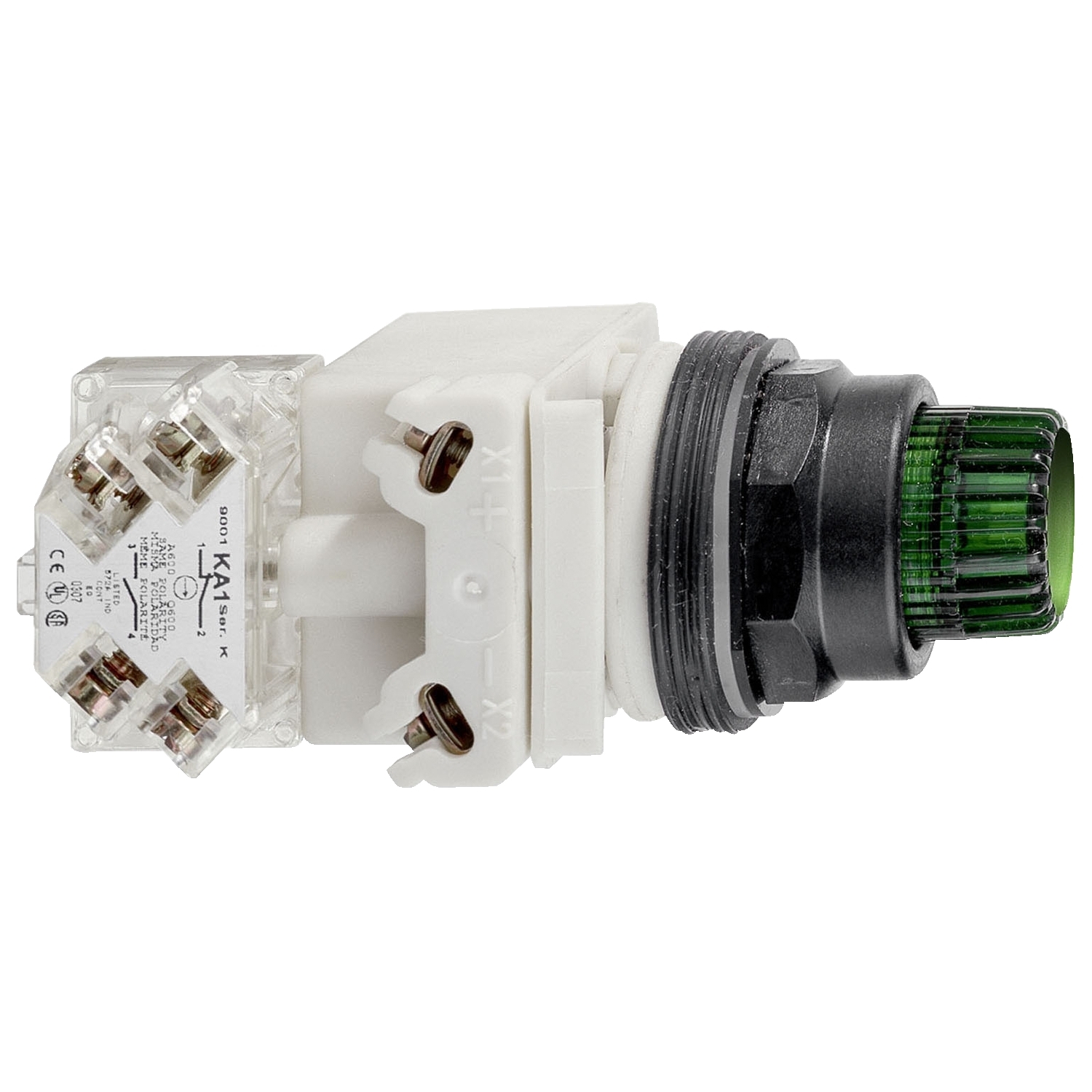 Illuminated push-button head, Harmony 9001SK, plastic, projecting, green, 30mm, spring return, LED green, 120V