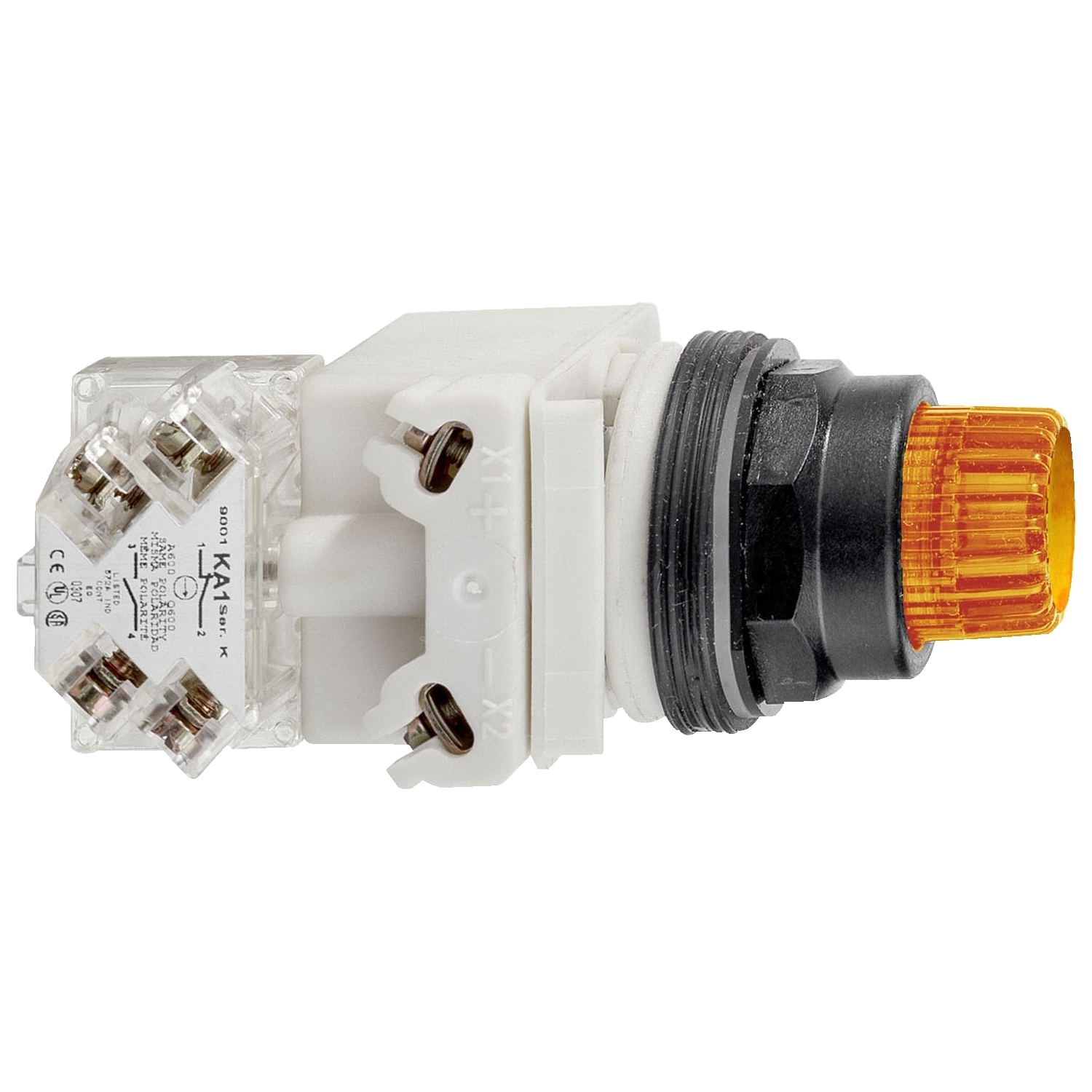 Illuminated push-button head, Harmony 9001SK, plastic, projecting, amber, 30mm, spring return, LED yellow, 24-28V