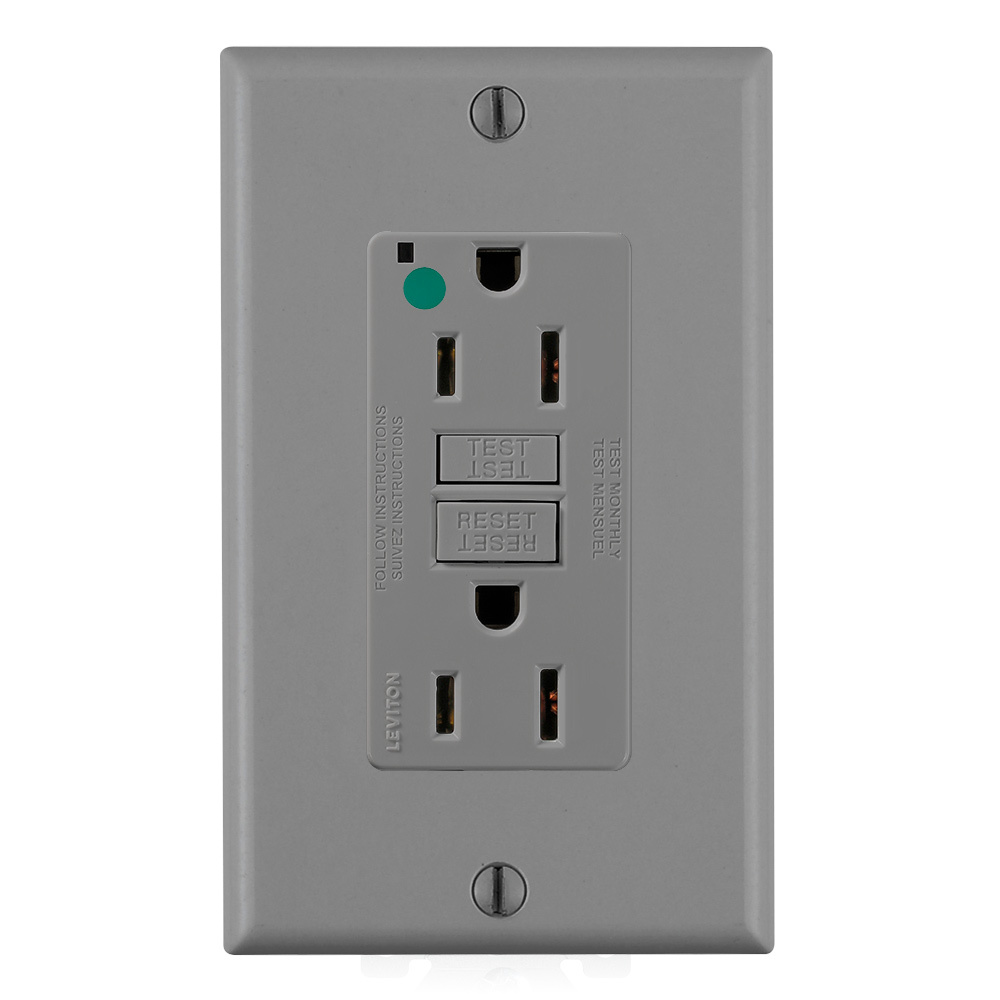 15 Amp, 125 Volt, SmartlockPro Slim Self-Test GFCI Receptacle, Extra-Heavy Duty Hospital Grade, NEMA 5-15R, 20A Feed-Through, 2P, 3W, Matching Wallplate Included - GRAY