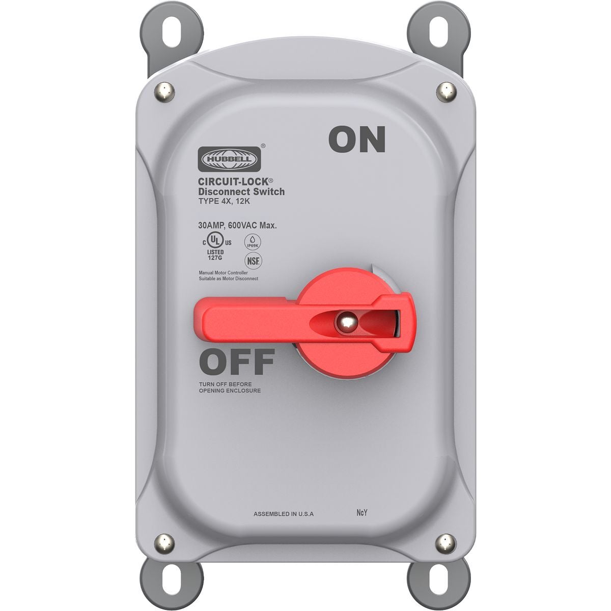 Industrial Grade, Motor Disconnect, Unfused, 3 Pole, 30A 600V AC, Screw Terminals, IP69k, NEMA Type 4X, 12, Non-Metallic Sloped Top Enclosure, HBLAC2 Aux Contact, cULus, NSF, CE, UL 508 / UL 60947-4-1A