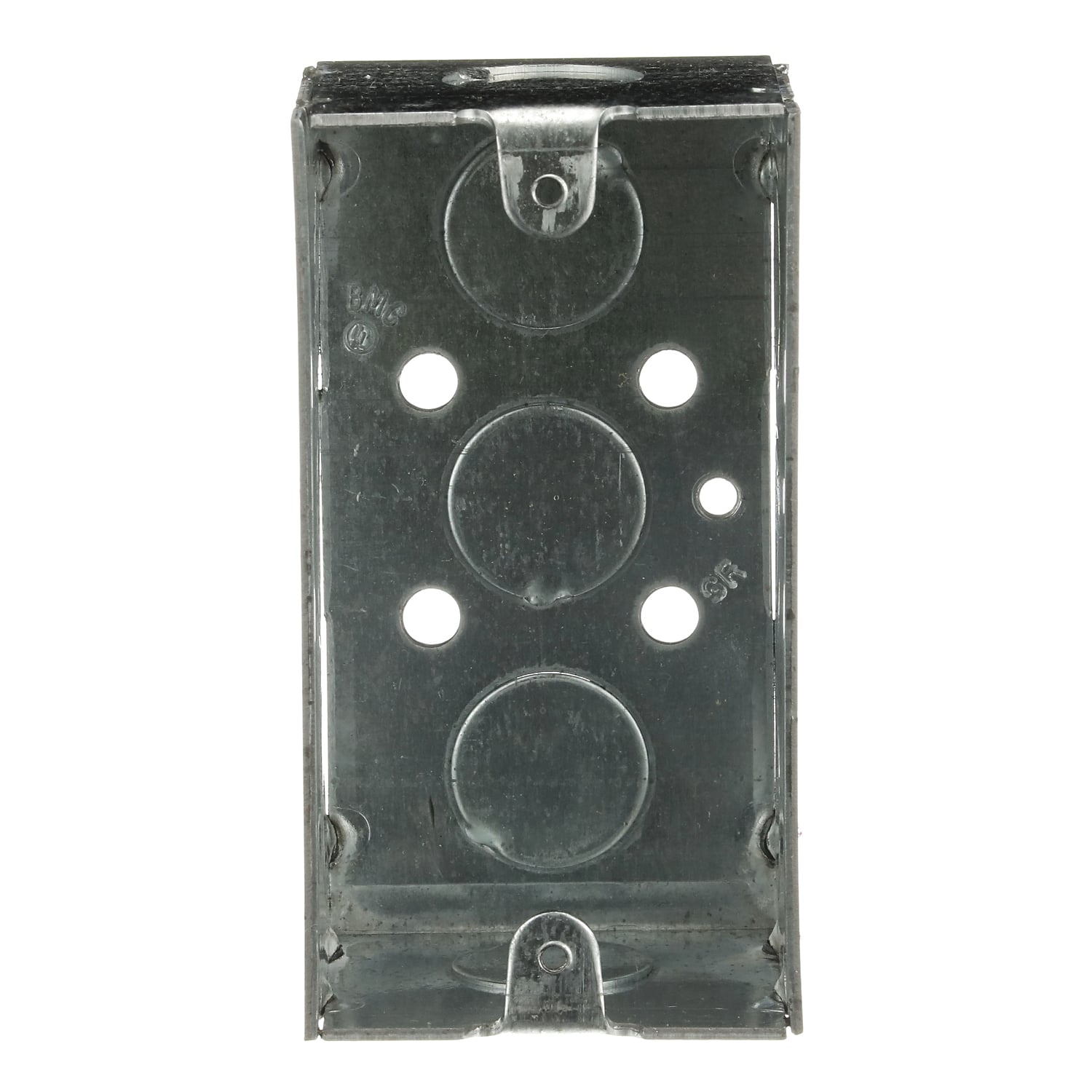 Single Gang Device Box, 13.9 Cubic Inches, 4 Inches Long x 2-1/8 Inches Wide x 1-7/8 Inches Deep, 1/2 Inch Knockouts, Galvanized Steel, Welded Construction, For Use with Conduit