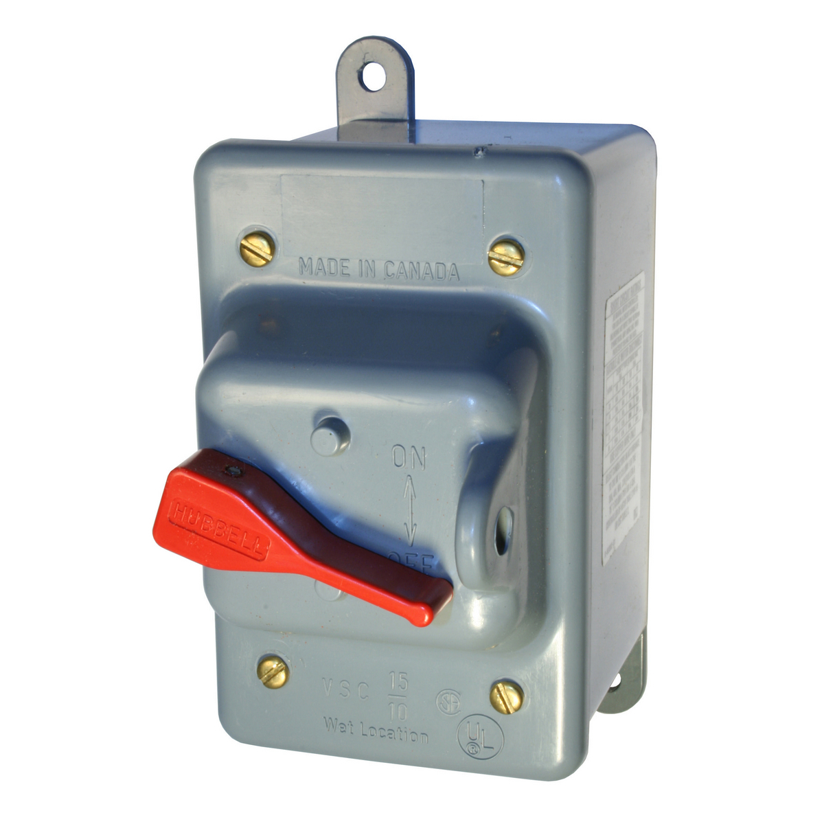 Switches and Lighting Controls, Industrial Grade, Toggle Switches, Motor Disconnects, Three Pole, 30A 600V AC, Back and Side Wired, Gray, NEMA 3R Enclosure with Switch