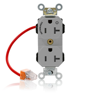 20 Amp, 125 Volt, NEMA 5-20R, 2P, 3W, Lev-Lok Duplex Receptacle, One Marked Controlled Outlet,Straight Blade, Fed Spec,Heavy Duty Industrial Specification Grade,Self-Grounding, Modular Terminals, Steel Strap - GRAY