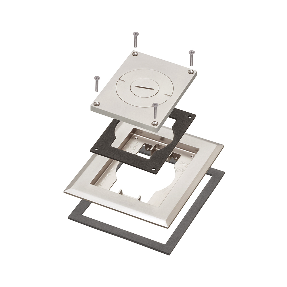 Plated Nickel, single gang frame and cover with furniture feed inserts. Includes single gang frame with gasket, (1) gasketed cover with combo 2" and 3/4" threaded holes and (4) mounting screws.