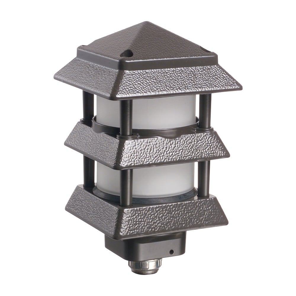 Pagoda style landscape light fixture. three wire fixtures for our Gard-N-Post line. Cast aluminum. Color Black. Uses maximum a 40 watt halogen, 40 watt incandescent or a 14 watt fluorescent bulb. Not Included. Short Louvers allow for more of the lens to be seen.