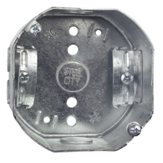 Octagon Box, 22.5 Cubic Inches, 4 Inch Diameter x 2-1/8 Inches Deep, 1/2 Inch Knockouts, Pre-Galvanized Steel, Drawn Construction, with Non-Metallic Cable Clamps (C-5), For use with Non-Metallic Sheathed Cable