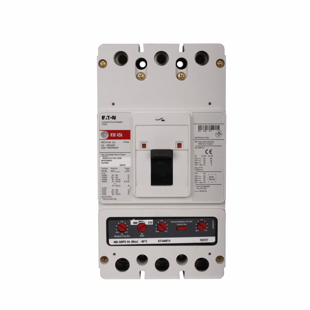 Eaton Series C complete molded case circuit breaker, K-frame, KW, adj. thermal, adj. magnetic trip, Three-pole, 400A, 600 Vac, 250 Vdc, 45 kAIC at 415 Vac, No term., optional line or load, World, 12-24 Vac/dc same side left term.