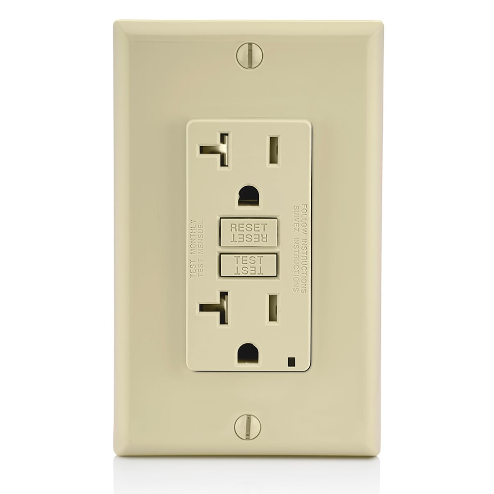 Self-test Slim Tamper Resistant GFCI Receptacle,NEMA 5-20R, 20a-125v, 20A-125V Feed-through, Ivory, With Ivory Test And Reset Buttons, NAFTA Version