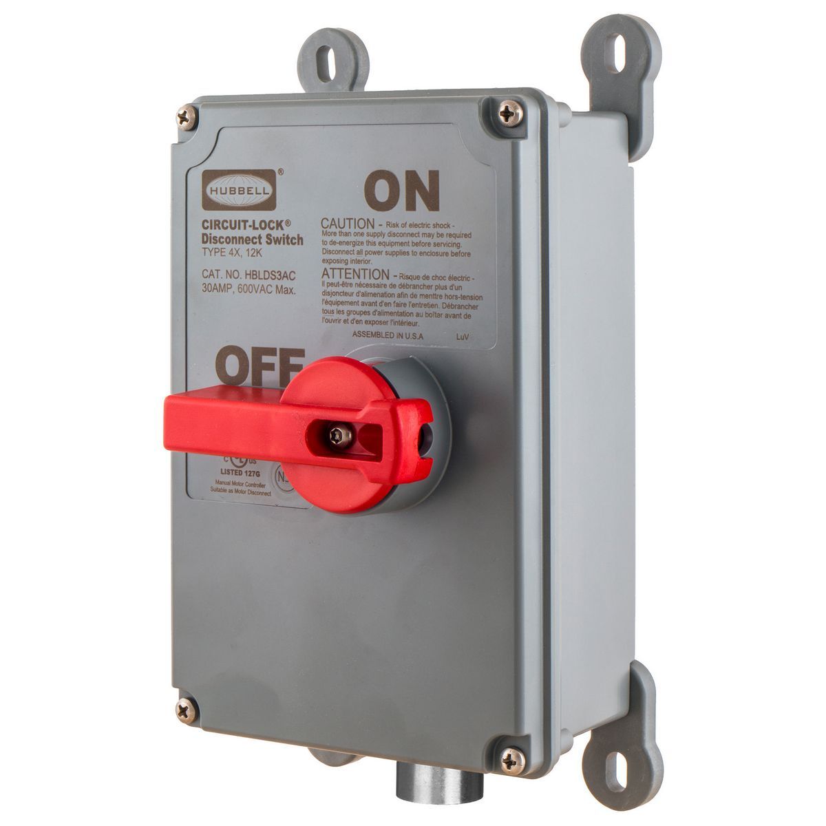 Switches and Lighting Controls, Industrial Grade, MotorQuick Disconnect Switches, Unfused Switch, Three Pole, 30A 600V AC, Gray, With 1) Pre-Wired LINKOSITY Female Receptacle