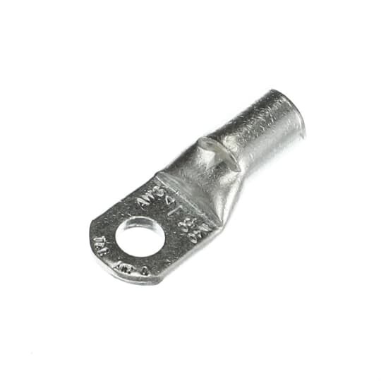 Non-Insulated Tubular Ring Terminal, Length 1.37 Inches, Width .55 Inches, Bolt Hole 1/4 Inch, Wire Range 4/4AN, Copper, Tin Plated