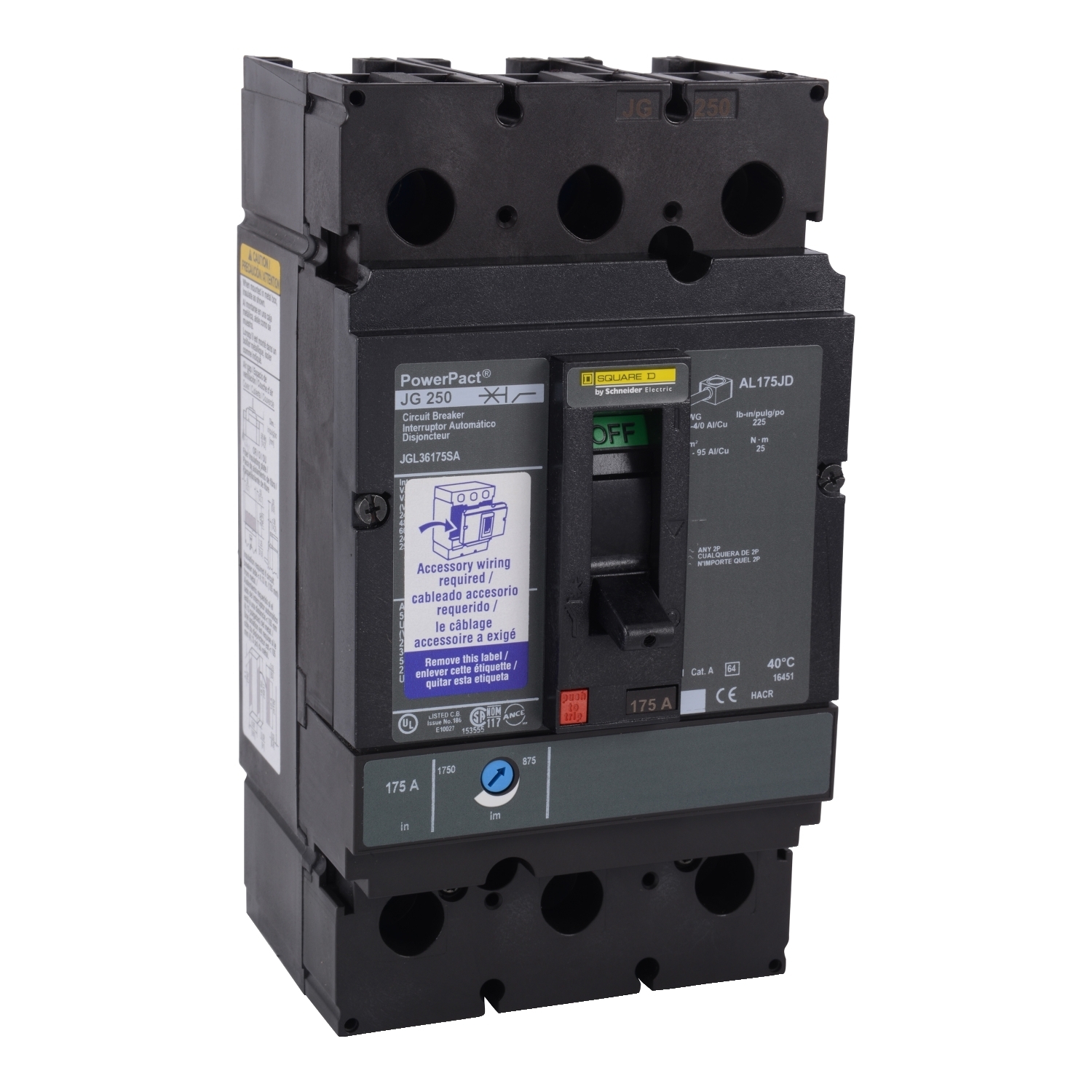 Circuit breaker, PowerPacT J, 200A, 3 pole, 600VAC, 18kA, lugs, thermal magnetic, 80%, shunt