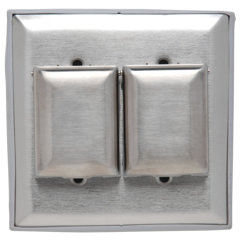 Two toggle switches, two small covers, vertical two gang plate.