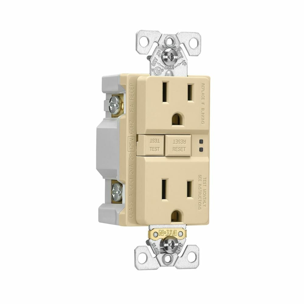 Eaton ground fault circuit interrupter receptacle, Box, 15A, 125V, Back wire and side wire, GFCI, Ivory, Brass, Receptacle, Tamper resistant, PVC, 5-15R, Two-pole, three-wire, grounding