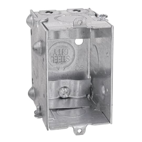 Gangable Switch Box, 12.5 Cubic Inches, 3 Inches Long x 2 Inches Wide x 2-1/2 Inches Deep, 1/2 Inch Knockouts, Pre-Galvanized Steel, Non-Metallic Cable Clamps (C-5), For Non-Metallic Sheathed Cable