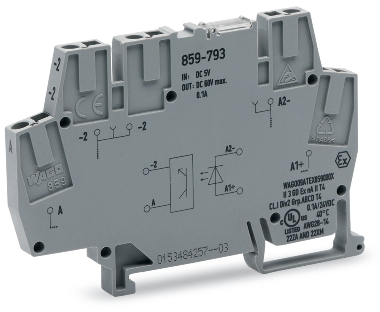 Optocoupler module; Nominal input voltage: 5 VDC; Output voltage range: 3  60 VDC; Limiting continuous current: 0.1 A; 2-wire connection; Railway; Module width: 6 mm; gray