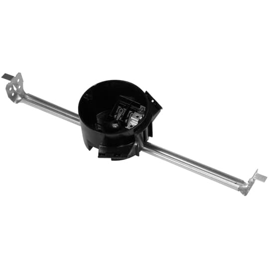 Round Ceiling/Fixture Outlet Box with Bar Hanger, Volume 16 Inches, Diameter 3-1/2 Inches, Depth 2-1/4 Inches, Color Black, Material Polycarbonate, Mounting Means Adjustable 16 Inch Bar Hanger and Cable Strap and Ground Plate