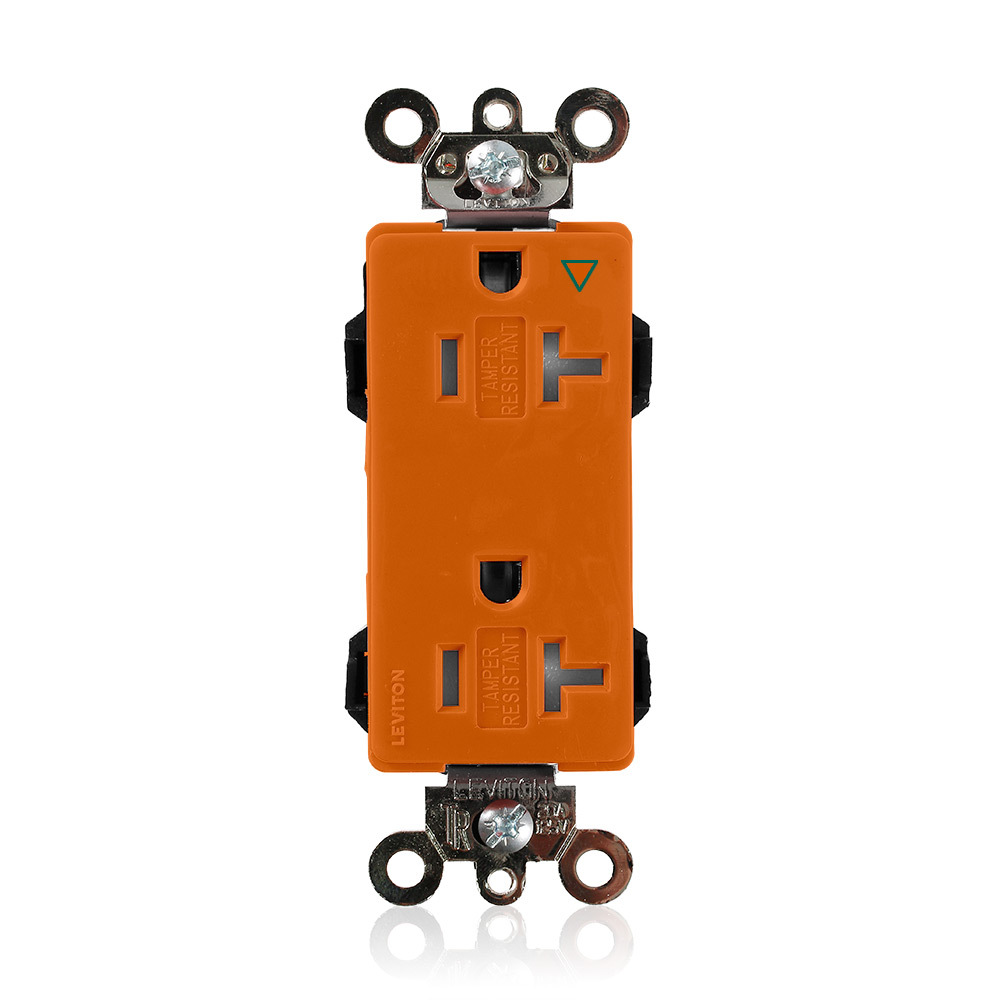 20 Amp, 125 Volt, Lev Lok Decora Receptacle, Isolated Ground, Tamper Resistant, Industrial Grade, Orange