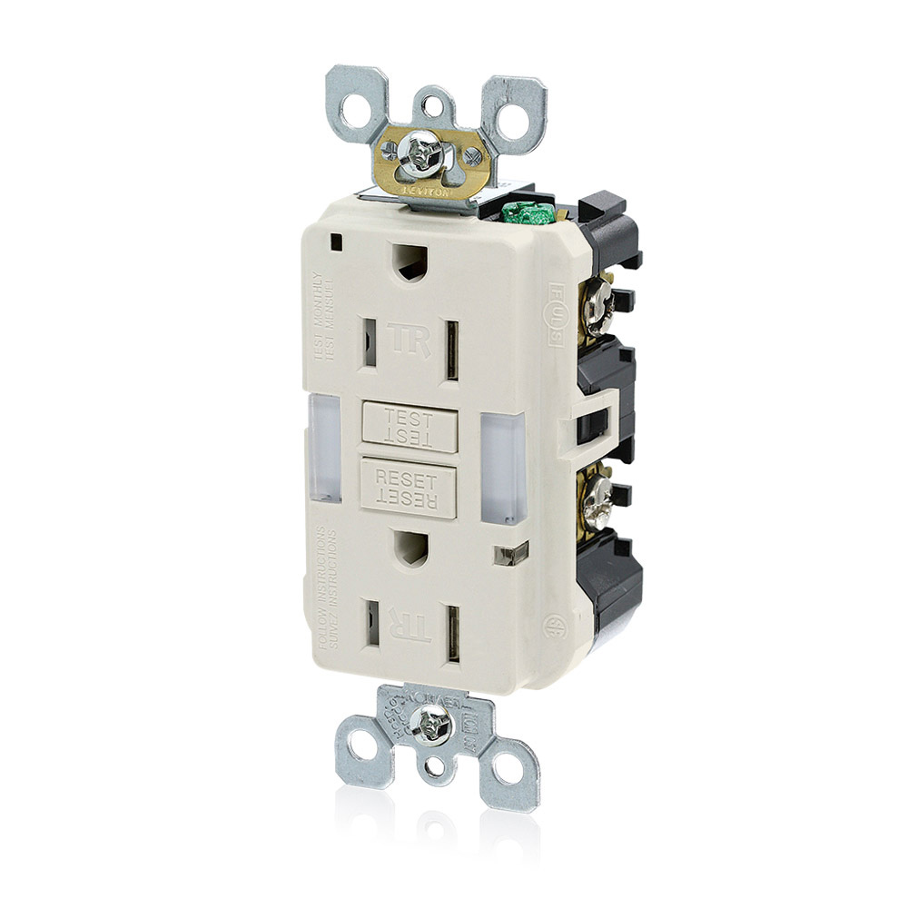 15 Amp, 125 Volt Receptacle/Outlet, 20 Amp Feed-Through, Tamper-Resistant, Self-test SmartlockPro Slim Guide Light GFCI, Monochromatic, back and side wired, self-grounding clip included, wallplate/faceplate sold separately - Light Almond