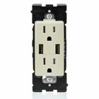 Combination Duplex Receptacle/Outlet and USB Charger. 15 Amp, 125 Volt, Renu Tamper-Resistant Receptacle/Outlet, NEMA 5-15R. 3.6 Amps, 5VDC, 2.0 Type A USB Chargers. Grounding, Side Wired  - Back Wired  - Navajo Sand
