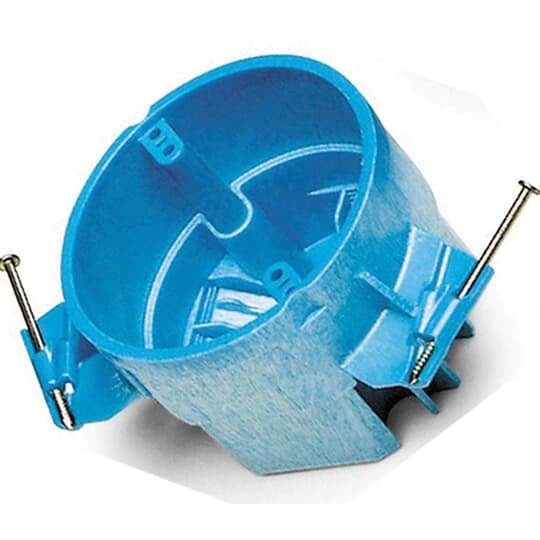 Round Ceiling Box, Volume 25 Cubic Inches, Diameter 4 Inches, Depth 3 Inches, Color Blue, Material PVC, Mounting Means Nails