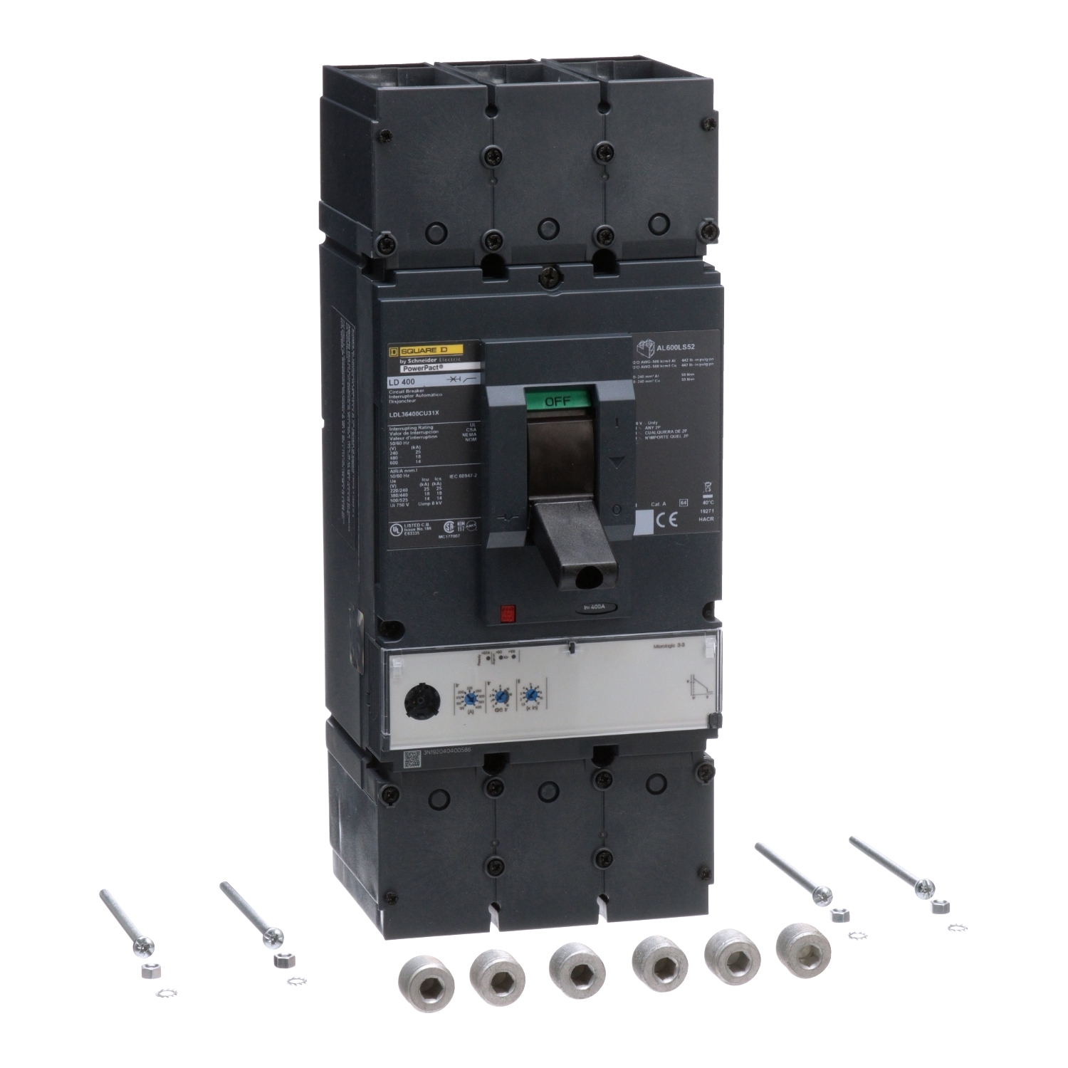 Circuit breaker, PowerPacT L, 400A, 3 pole, 600VAC, 14kA, lugs, MicroLogic 3.3, 100%