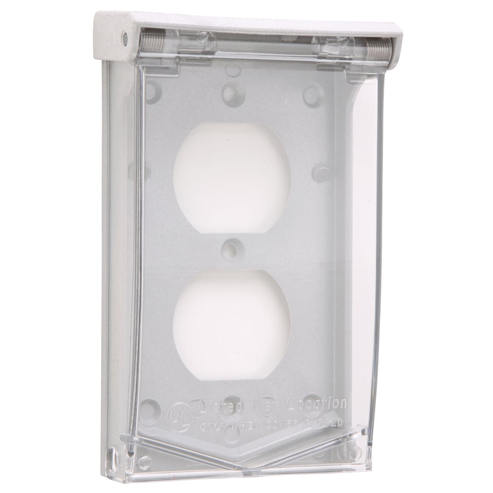Weatherproof Self-Closing Cover, Duplex RV Use, Vertical 2 Screw Mounting - Padlockable, gray base/clear cover