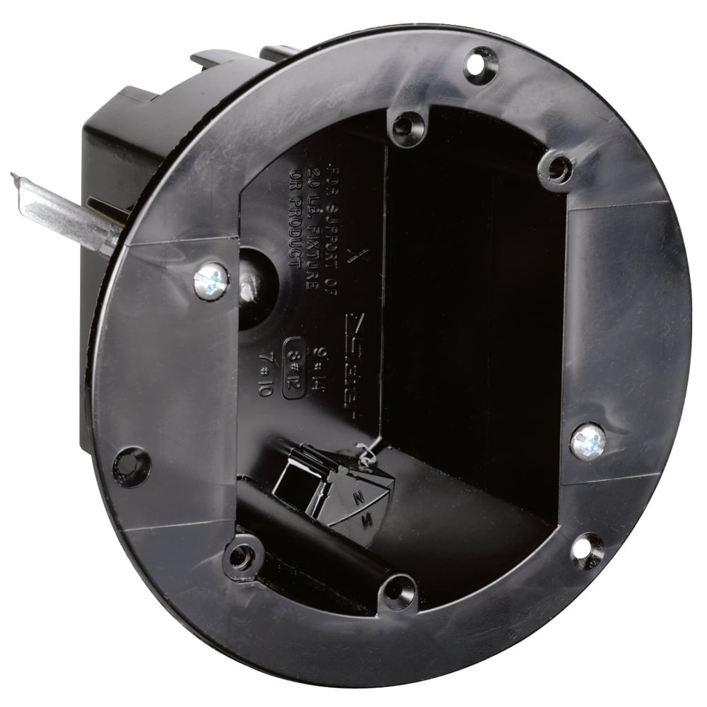 3 3/4 Round Old Work Ceiling Box with Swing brackets for mounting that adjust from 1 1/4 down to 1/8. Four Auto/Clamps, Includes Device mounting holes. 50 pack.