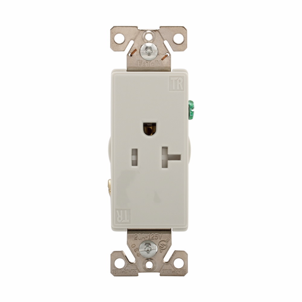Eaton ASPIRE residential grade decorator single receptacle,Tamper resistant,#14-10 AWG,20A,Flush,125V,Back and side,White satin,Brass,High-impact nylon face,Polycarbonate base,5-20R,Two-pole,Three-wire,Single,Screw,Thermoplastic