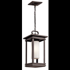 This 1 light fluorescent hanging pendant from the South Hope(TM) collection softens its sturdy rectangular design with Satin Etched Cased Opal Glass for an expertly understated grace and welcoming light. A Rubbed Bronze(TM) finish completes the overall look with a touch of casual style. Open and clean, this design can complement any porch or walkway.