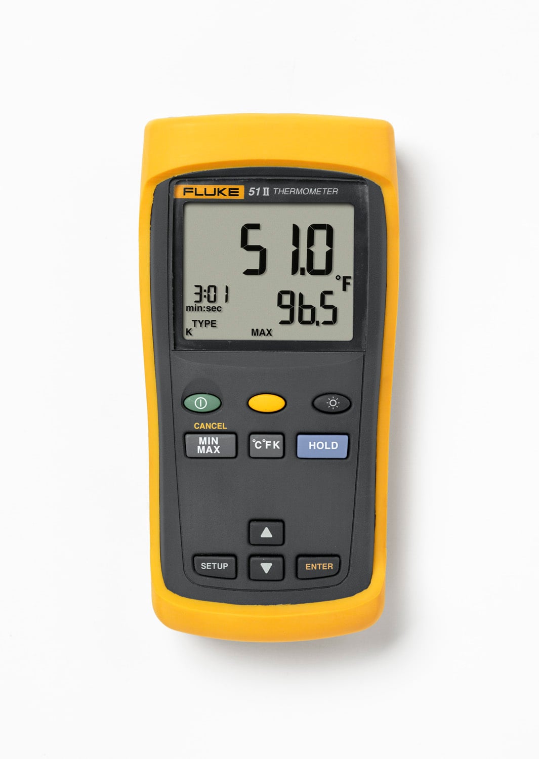 Laboratory accuracy. Wherever you go. The Fluke 50 Series II contact thermometers offer fast response and laboratory accuracy (0.05 percent + 0.3degrees Celsius) in a rugged, handheld test tool. A single input thermomoeter, 60 Hz noise rejection.