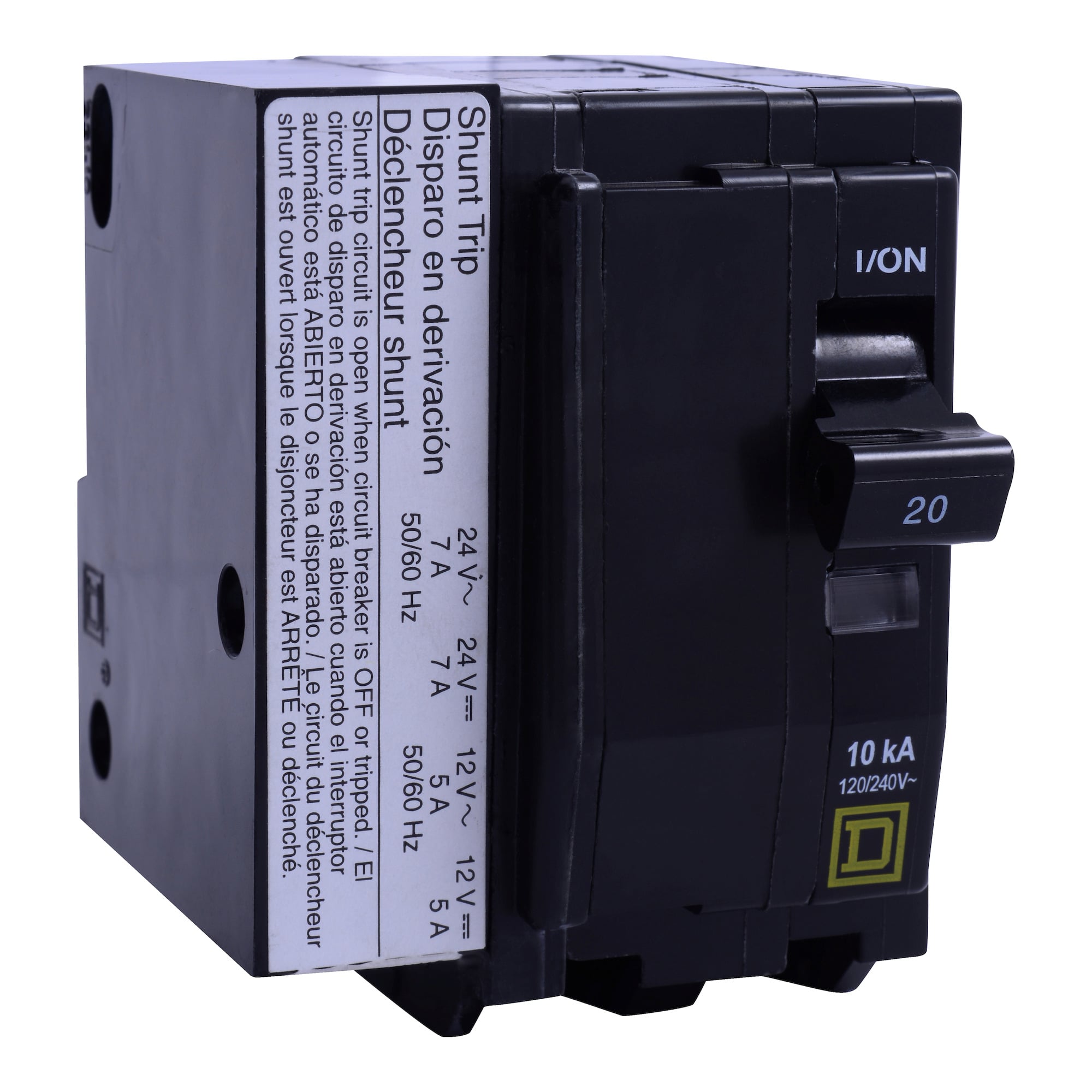 Mini circuit breaker, QO, 20A, 2 pole, 120/240 VAC, 10 kA, plug in mount, AC/DC shunt trip