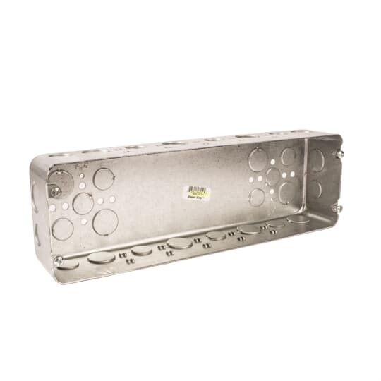 Six Gang Drawn-Style Gang Box, 150 Cubic Inches, 14-1/16 Inches Long x 4-1/2 Inches Tall x 2-1/2 Inches Deep, 1/2 Inch and 3/4 Inch Knockouts, Pre-Galvanized Steel, Drawn Construction, For use with Conduit