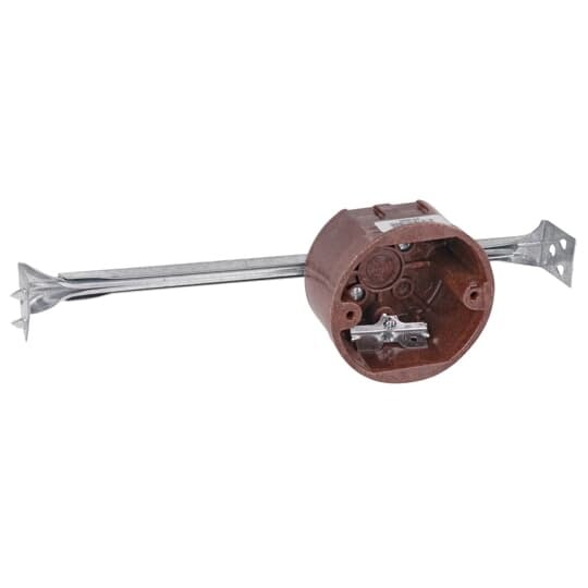 Round Ceiling/Fixture Outlet Box with Bar Hanger, Volume 13.5 Inches, Diameter 3-1/2 Inches, Depth 2-1/8 Inches, Color Brown, Material Phenolic, Mounting Means 16 Inch Bar Hanger, 12-1/4 Inch Minimum - 19 Inch Maximum with High Clamps