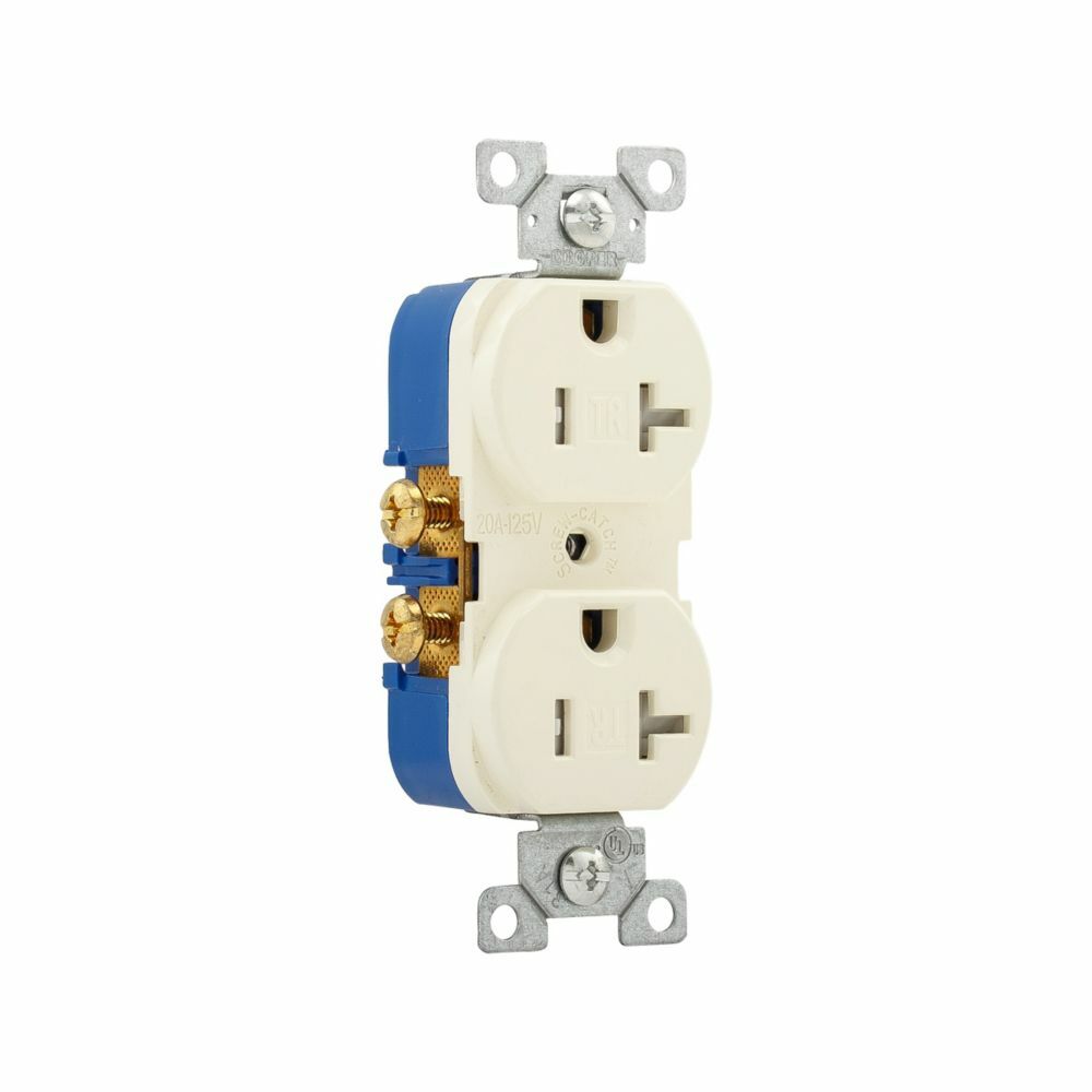 Eaton residential grade duplex receptacle, #14-10 AWG, 20A, Commercial, Residential, Flush, 125V, Side wire, Almond, Brass, Impact-resistant thermoplastic face, PVC body, 5-20R, Duplex, Screw, Thermoplastic, ED Box