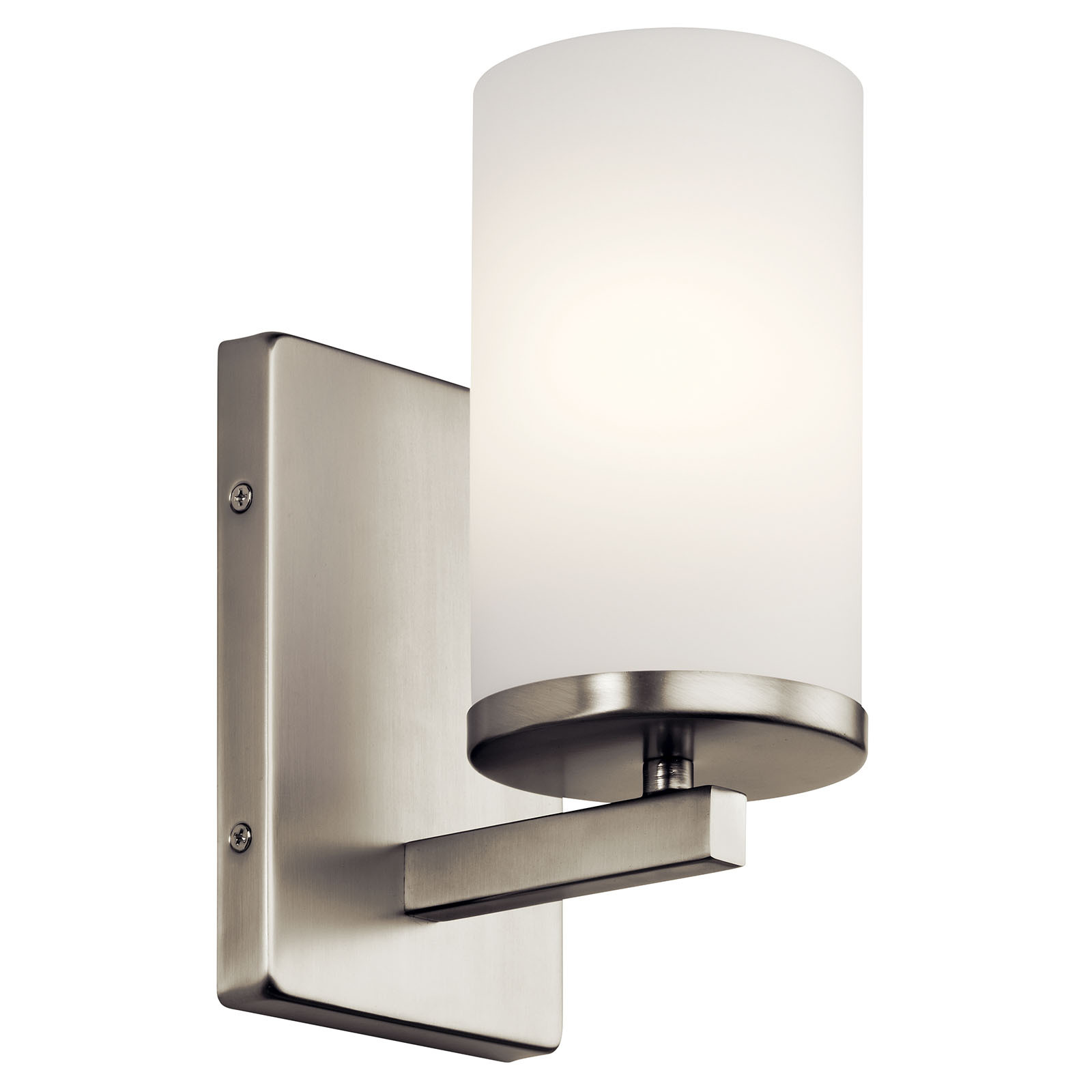 The Crosby 9.25in; 1 light  Wall Sconce  features a contemporary style with its clean lines and metal accents in Brushed Nickel finish and satin etched cased opal. The Crosby wall sconce works in several aesthetic environments, including traditional and modern.