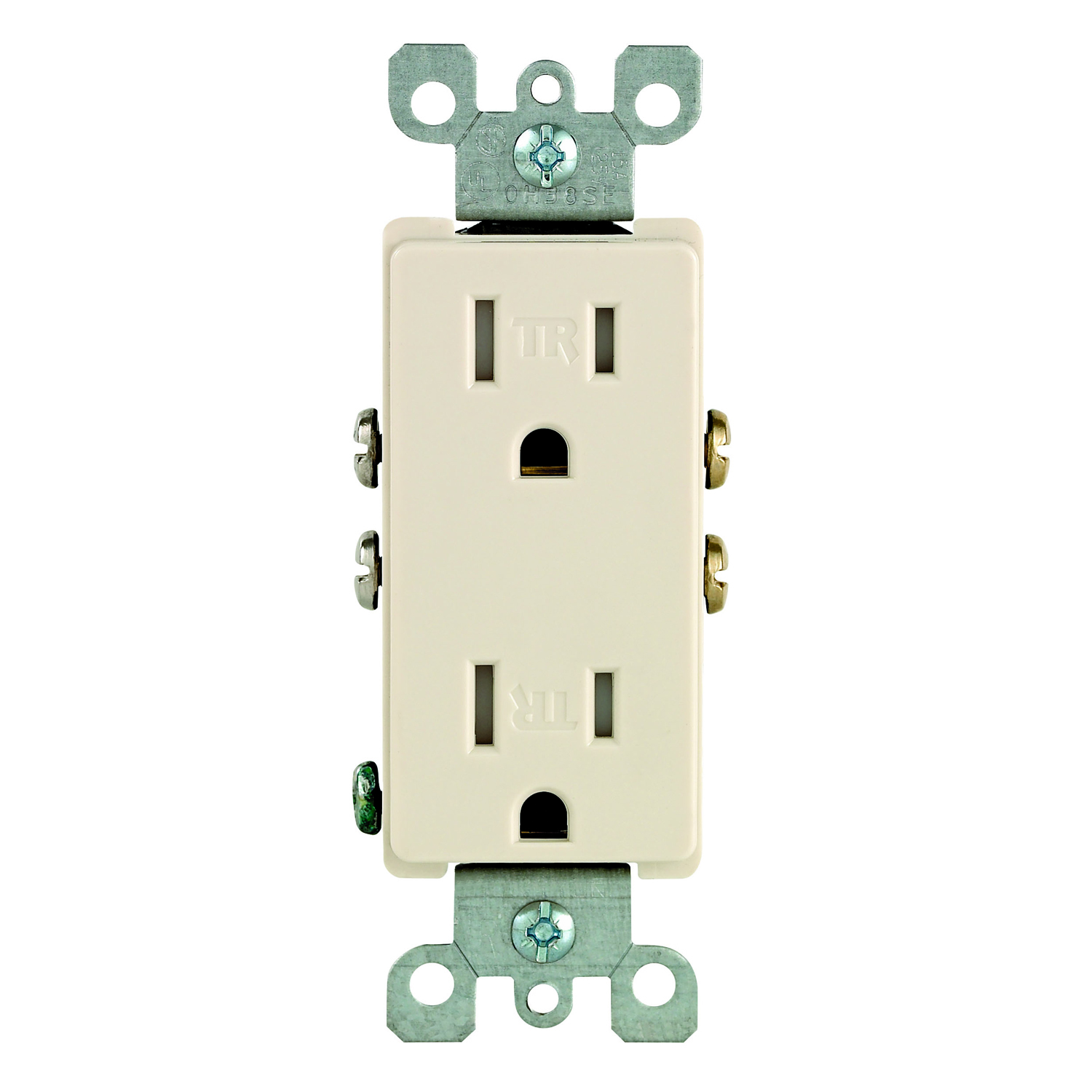 15 Amp 125 Volt, Tamper Resistant, Decora Duplex Receptacle, Straight Blade, Self Grounding, Light Almond